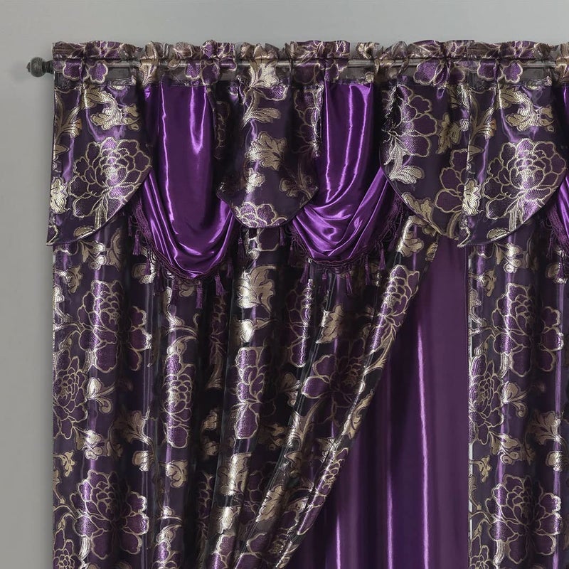 GOHD Golden Ocean Home Decor GOHD Royal ROSARIUM Clipped VoileVoile Farmhouse Jacquard Window Curtain Panel Drape with Attached Fancy Valance  Taffeta Backing2pcs Set Each pc 54 Wide x 84 Drop  18 Valance Purple