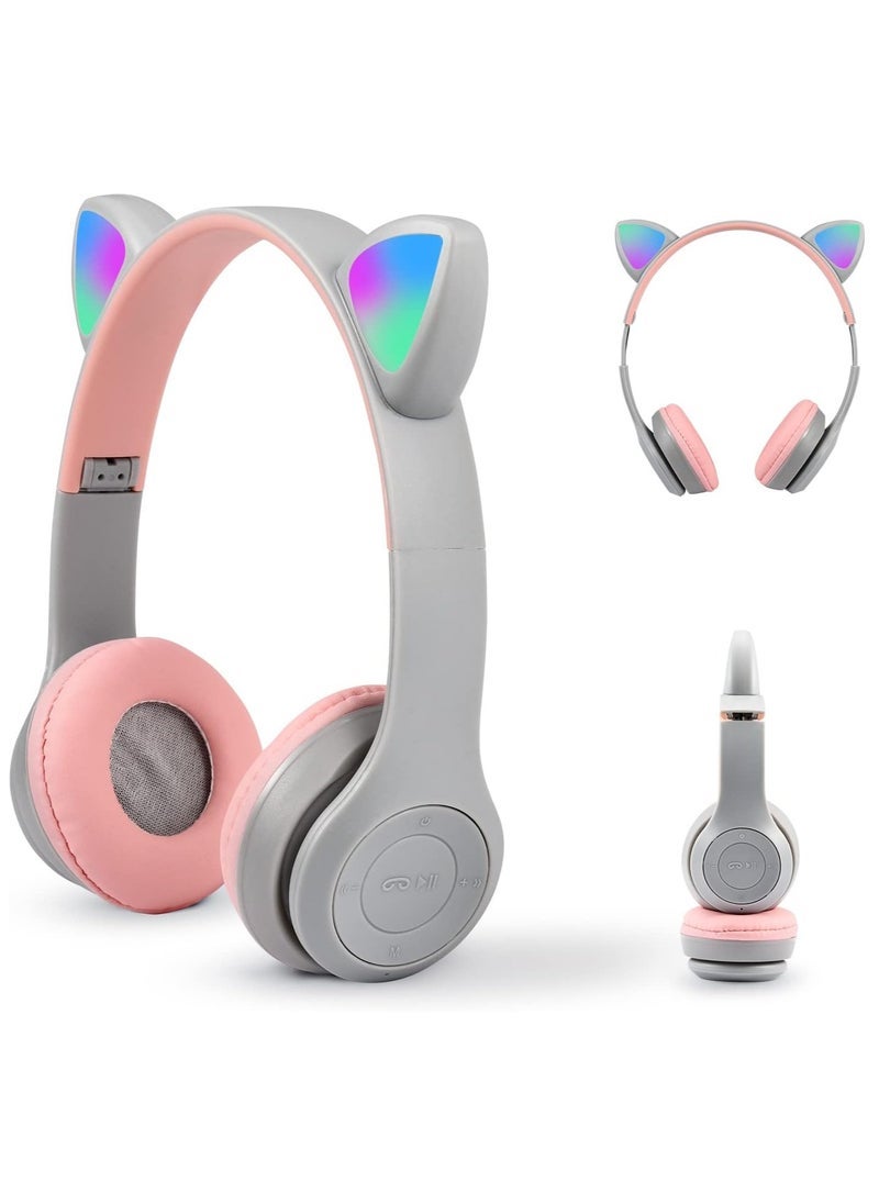Gravity Kids Bluetooth Cat Ear Headphones with LED Lights – Wireless Over-Ear Headset with Mic, Foldable Design, TF Card & Wired Support, Adjustable Fit – Fun Audio Gift for Girls & Boys 7+ – Grey  - Image 5