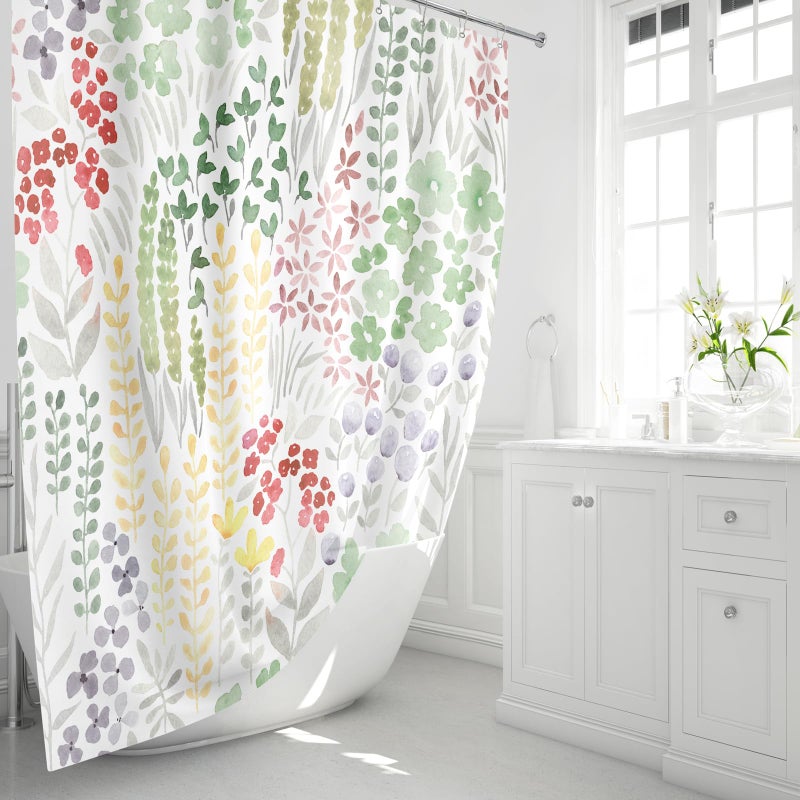 MAYZUS Long Shower Curtain 72 x 78 Inch  Tall Cute Floral Shower Curtain for Bathroom  Sage Green Wildflower Boho Cottagecore Fabric Shower Curtain Set with Hooks - Image 2