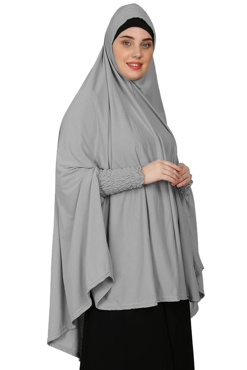 ICW Women Stretchable Jersey Smoking Sleeve Jilbab Cum Prayer Khimar Hijab (Free Size) (Grey), Female - Image 5