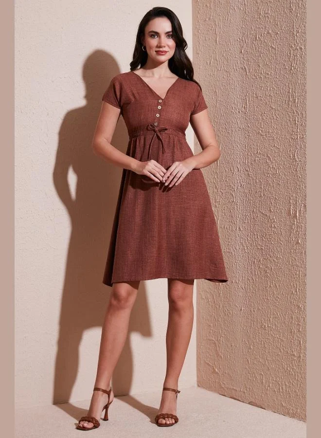 Lela Lela Buttoned Front V-Neck Regular Fit Short Sleeve Midi Dress Women's DRESS 5865747