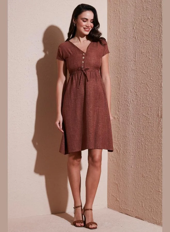 Lela Lela Buttoned Front V-Neck Regular Fit Short Sleeve Midi Dress Women's DRESS 5865747