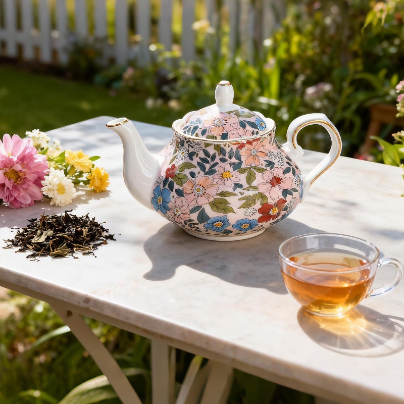 LEAZUL 33.8 oz Porcelain Tea Pot Luxury Gold Trim Floral Ceramic Teapot Waterpot Tea Maker for Blooming Loose Leaf Tea Coffee Milk Chrismas Women Gift Housewarming Home Kitchen DÃ©cor (Vintage Pink) - Image 2