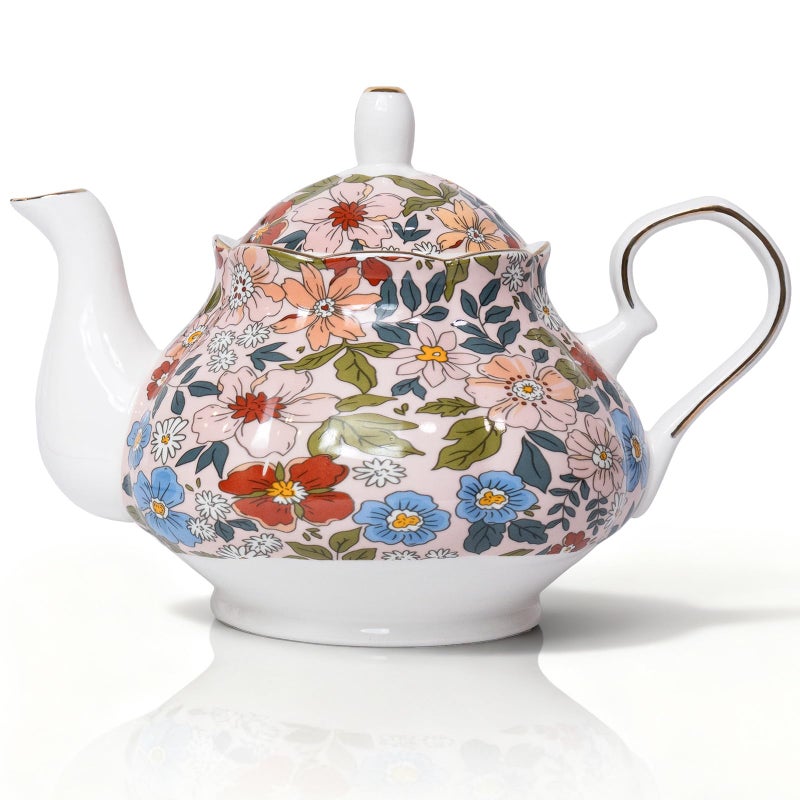 LEAZUL 33.8 oz Porcelain Tea Pot Luxury Gold Trim Floral Ceramic Teapot Waterpot Tea Maker for Blooming Loose Leaf Tea Coffee Milk Chrismas Women Gift Housewarming Home Kitchen DÃ©cor (Vintage Pink) - Image 1