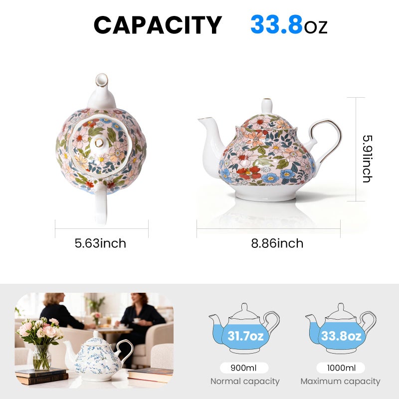 LEAZUL 33.8 oz Porcelain Tea Pot Luxury Gold Trim Floral Ceramic Teapot Waterpot Tea Maker for Blooming Loose Leaf Tea Coffee Milk Chrismas Women Gift Housewarming Home Kitchen DÃ©cor (Vintage Pink) - Image 3