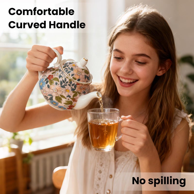 LEAZUL 33.8 oz Porcelain Tea Pot Luxury Gold Trim Floral Ceramic Teapot Waterpot Tea Maker for Blooming Loose Leaf Tea Coffee Milk Chrismas Women Gift Housewarming Home Kitchen DÃ©cor (Vintage Pink) - Image 5