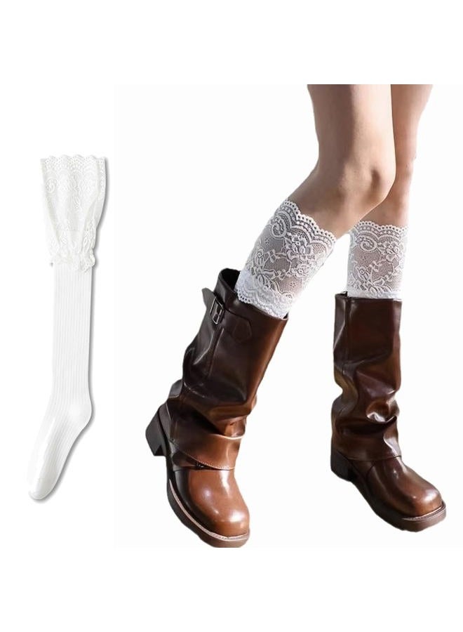 Moonlik Women's 1 Pair Lace Patchwork Knee High Socks Cute Boots Socks Stockings White One-Size, White-short, One size - Image 1