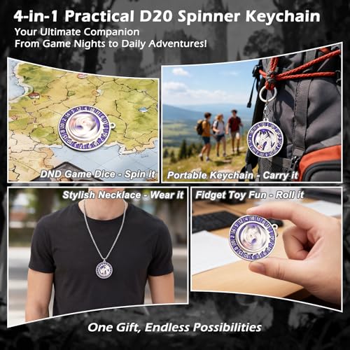 Haxtec D20 Spinner Dice Keychain DND Necklace Portable Metal Dice Set DD Compatible with Dungeons and Dragons Gifts Stocking Stuffers TTRPG White Purple - Image 5
