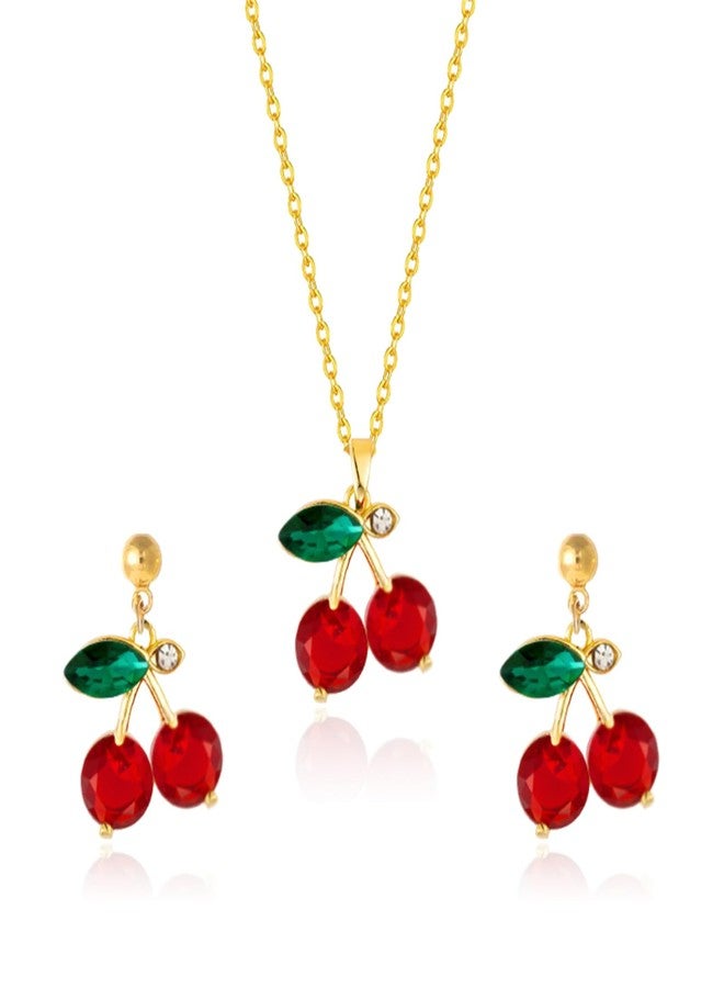 RLHRNDE Red Crystal Cherry Earrings Necklace Set for Women 18K Gold Plated Sweet Fruit Pendant Necklace Dainty Summer Tropical Charm Christmas Statement Jewelry Gift (Crystal) - Image 1