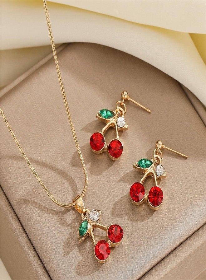 RLHRNDE Red Crystal Cherry Earrings Necklace Set for Women 18K Gold Plated Sweet Fruit Pendant Necklace Dainty Summer Tropical Charm Christmas Statement Jewelry Gift (Crystal) - Image 4