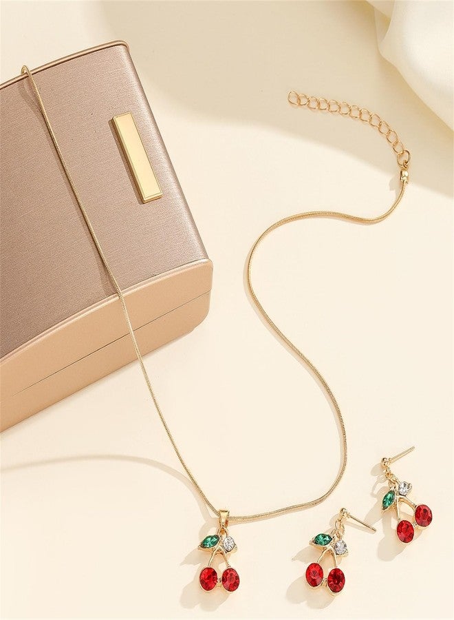 RLHRNDE Red Crystal Cherry Earrings Necklace Set for Women 18K Gold Plated Sweet Fruit Pendant Necklace Dainty Summer Tropical Charm Christmas Statement Jewelry Gift (Crystal) - Image 5