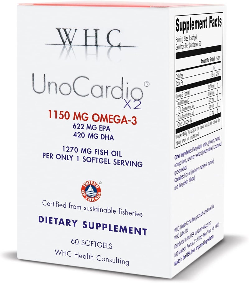 WHC UnoCardio X2 Fish Oil Triglyceride Omega3 Fatty acids 1270 mg Fish Oil Supplement 622 mg EPA  420 mg DHATotal 1150 mg of Omega3 per Serving Natural Orange 60 softgels - Image 1