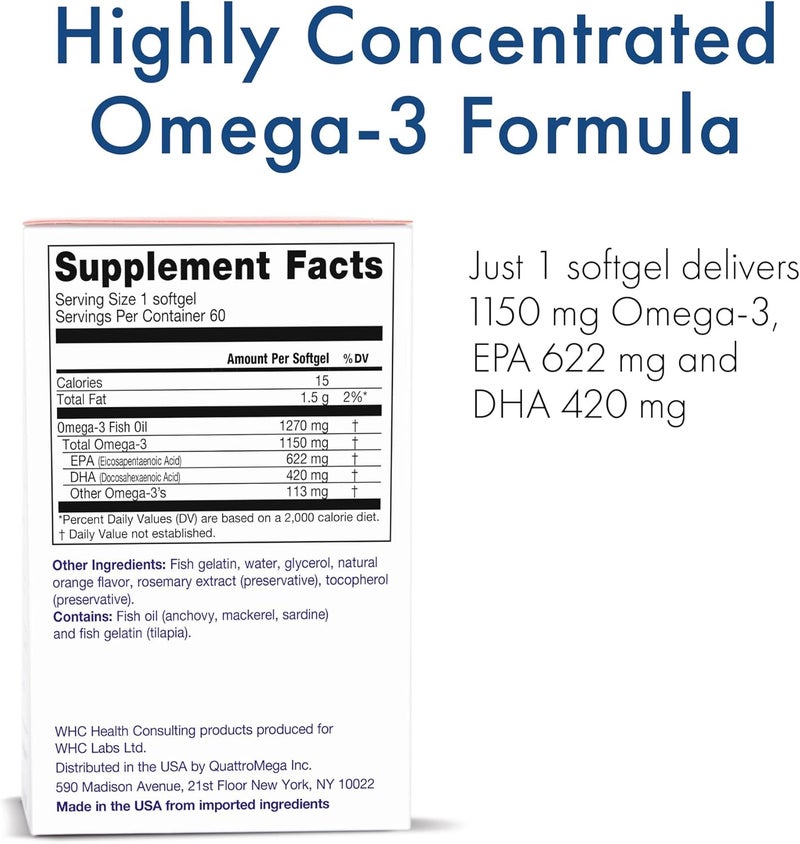 WHC UnoCardio X2 Fish Oil Triglyceride Omega3 Fatty acids 1270 mg Fish Oil Supplement 622 mg EPA  420 mg DHATotal 1150 mg of Omega3 per Serving Natural Orange 60 softgels - Image 2