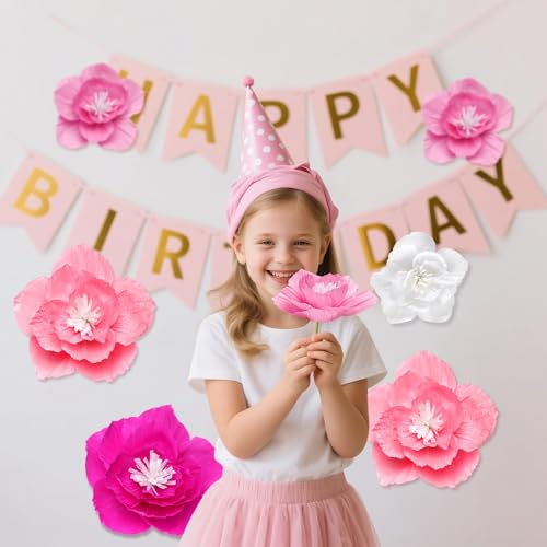 JOLYEAK 5pcs Pink Paper Flowers,3D Tissue Paper Flowers,Artificial Wall Décor Wedding Birthday Backdrop Centerpieces Party Decorations Supplies (Pink) - Image 4