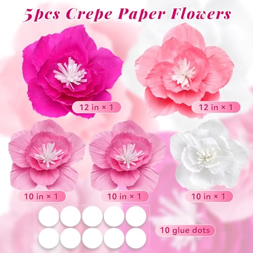 JOLYEAK 5pcs Pink Paper Flowers,3D Tissue Paper Flowers,Artificial Wall Décor Wedding Birthday Backdrop Centerpieces Party Decorations Supplies (Pink) - Image 2