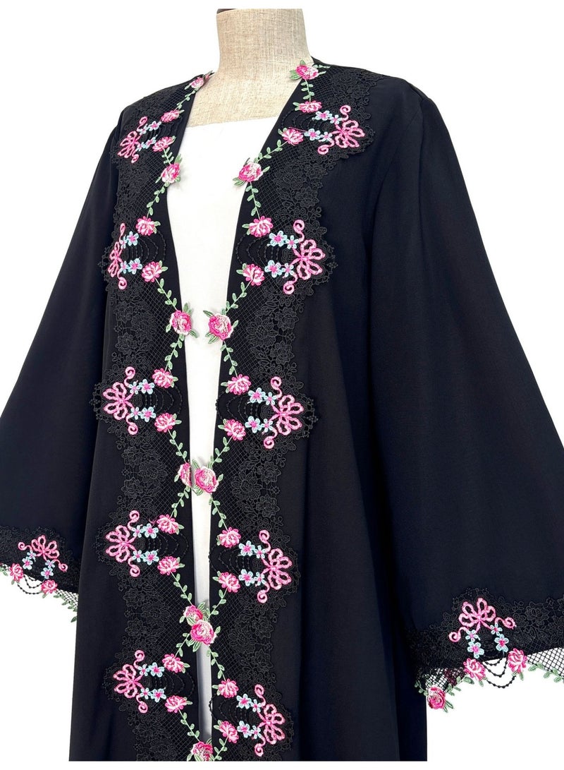 Women Open Abaya Outerwear Floral Embroidery Lace Trim Flared Sleeve Loose Long Cardigan - Image 4