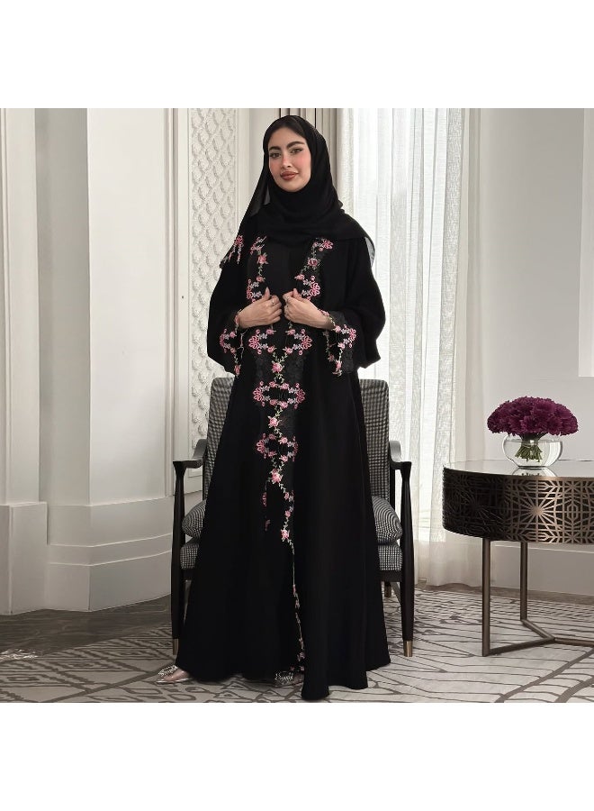Women Open Abaya Outerwear Floral Embroidery Lace Trim Flared Sleeve Loose Long Cardigan - Image 1