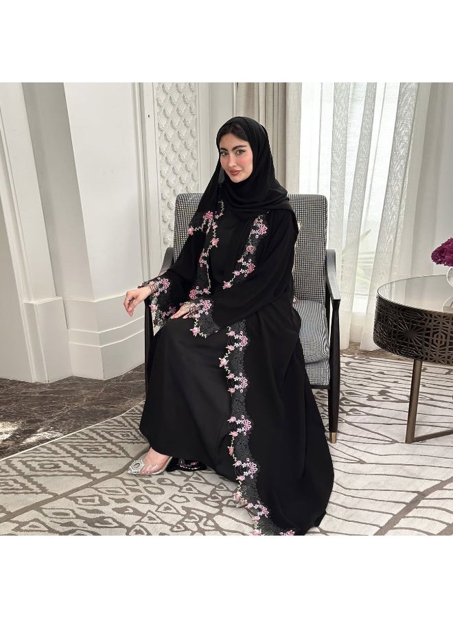 Women Open Abaya Outerwear Floral Embroidery Lace Trim Flared Sleeve Loose Long Cardigan - Image 2