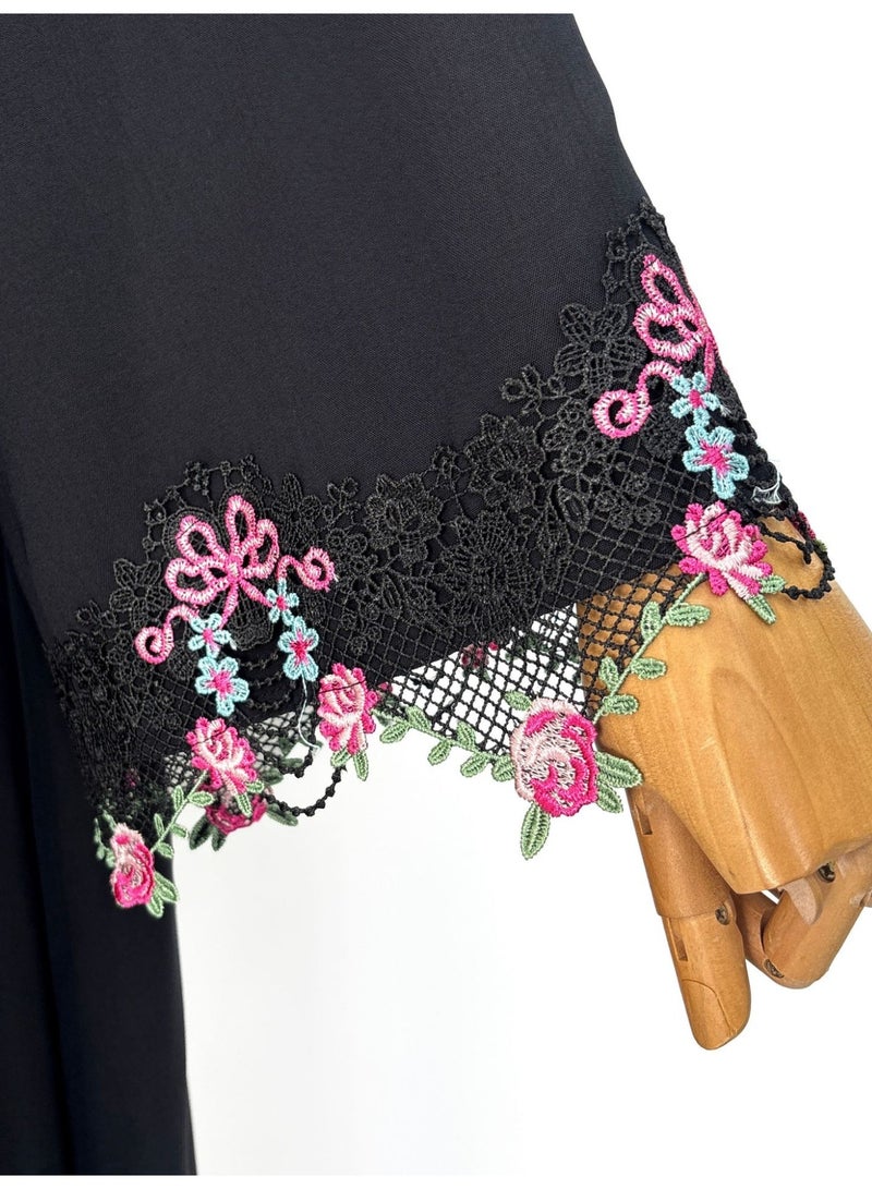 Women Open Abaya Outerwear Floral Embroidery Lace Trim Flared Sleeve Loose Long Cardigan - Image 5