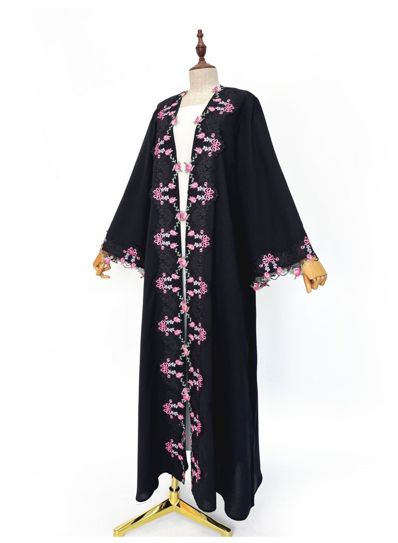 Women Open Abaya Outerwear Floral Embroidery Lace Trim Flared Sleeve Loose Long Cardigan - Image 3
