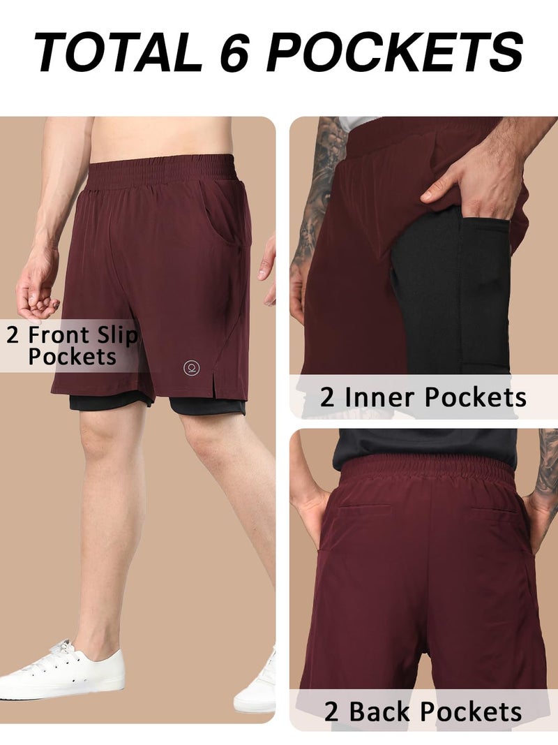 CHKOKKO Double Layered Gym Shorts for Men Workout | Compression Inner Layer with Pockets Across Inner Outer and Back | Dry Fit Sports Athletic wear for Running Jogging or Training WINEBLACK XXL - Image 3