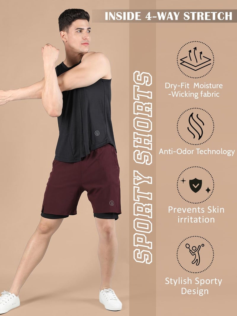 CHKOKKO Double Layered Gym Shorts for Men Workout | Compression Inner Layer with Pockets Across Inner Outer and Back | Dry Fit Sports Athletic wear for Running Jogging or Training WINEBLACK XXL - Image 2