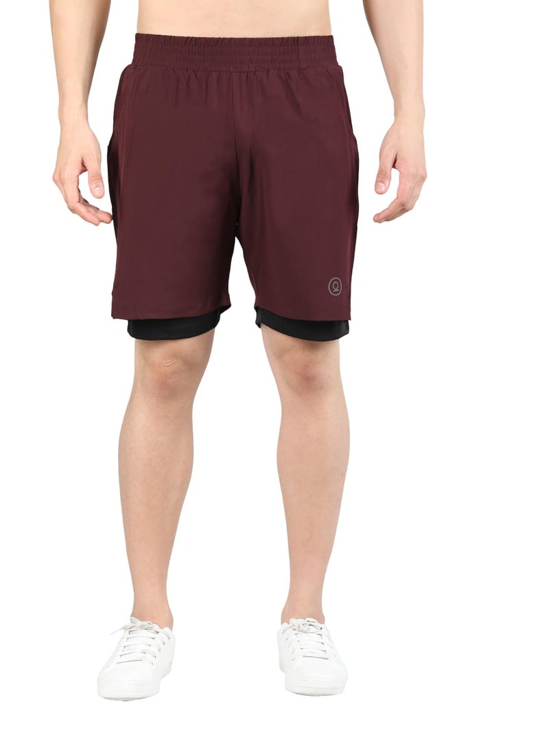 CHKOKKO Double Layered Gym Shorts for Men Workout | Compression Inner Layer with Pockets Across Inner Outer and Back | Dry Fit Sports Athletic wear for Running Jogging or Training WINEBLACK XXL - Image 1