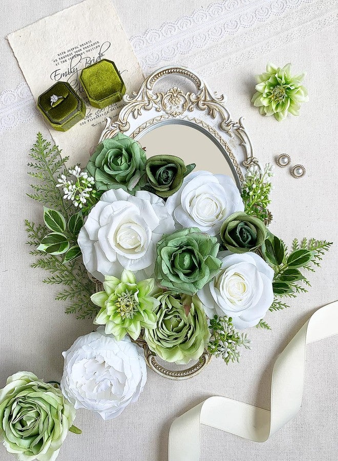 FACINOC Rose Artificial Flowers White Fake Flower Bulk for DIY Wedding Bouquet Bridal Baby Shower Decorations Party Table Centerpieces Cake Decorating Silk Floral Arrangement Home Decor Indoor Green - Image 3