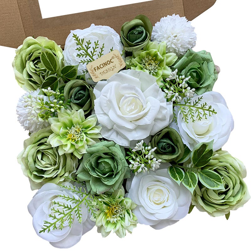 FACINOC Rose Artificial Flowers White Fake Flower Bulk for DIY Wedding Bouquet Bridal Baby Shower Decorations Party Table Centerpieces Cake Decorating Silk Floral Arrangement Home Decor Indoor Green - Image 1