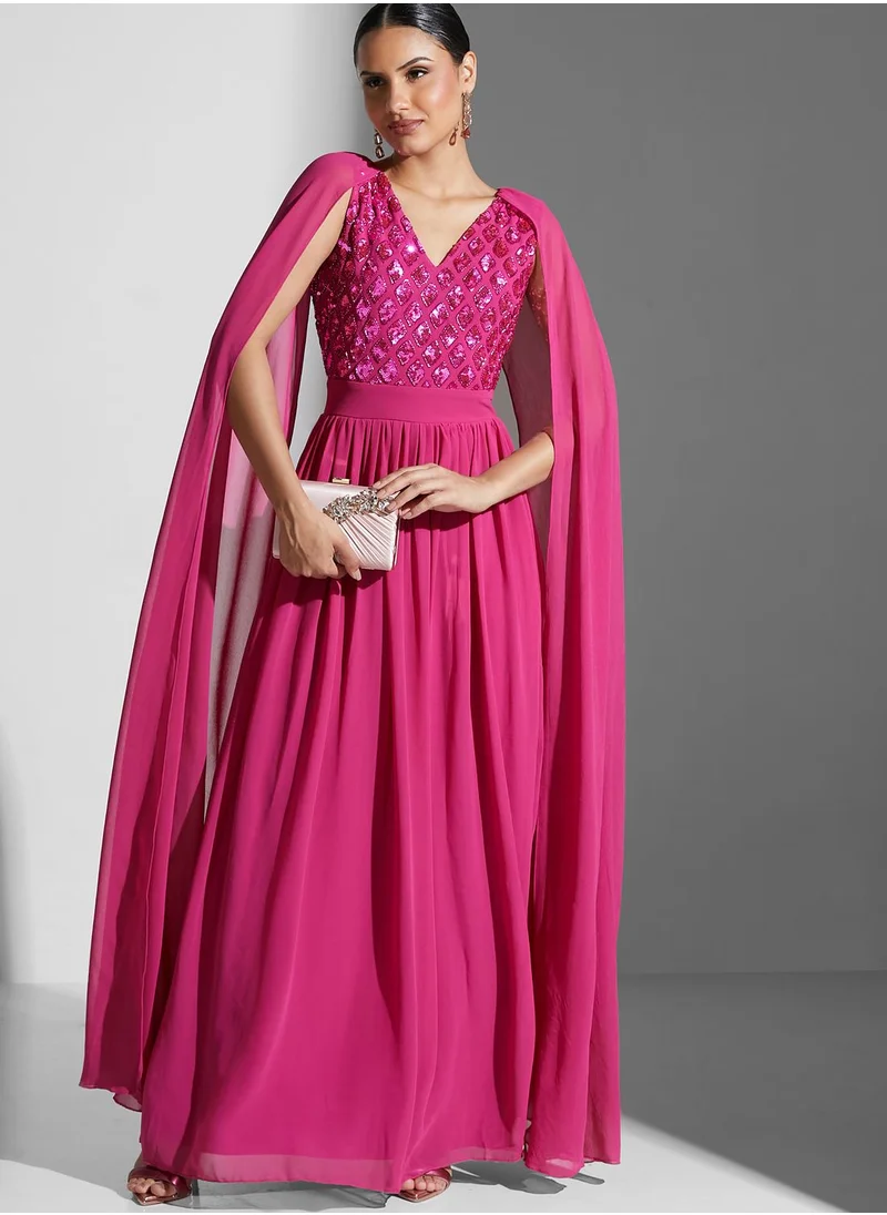 Amelia Rose Cape Sleeve Embroidered Pleated Dress