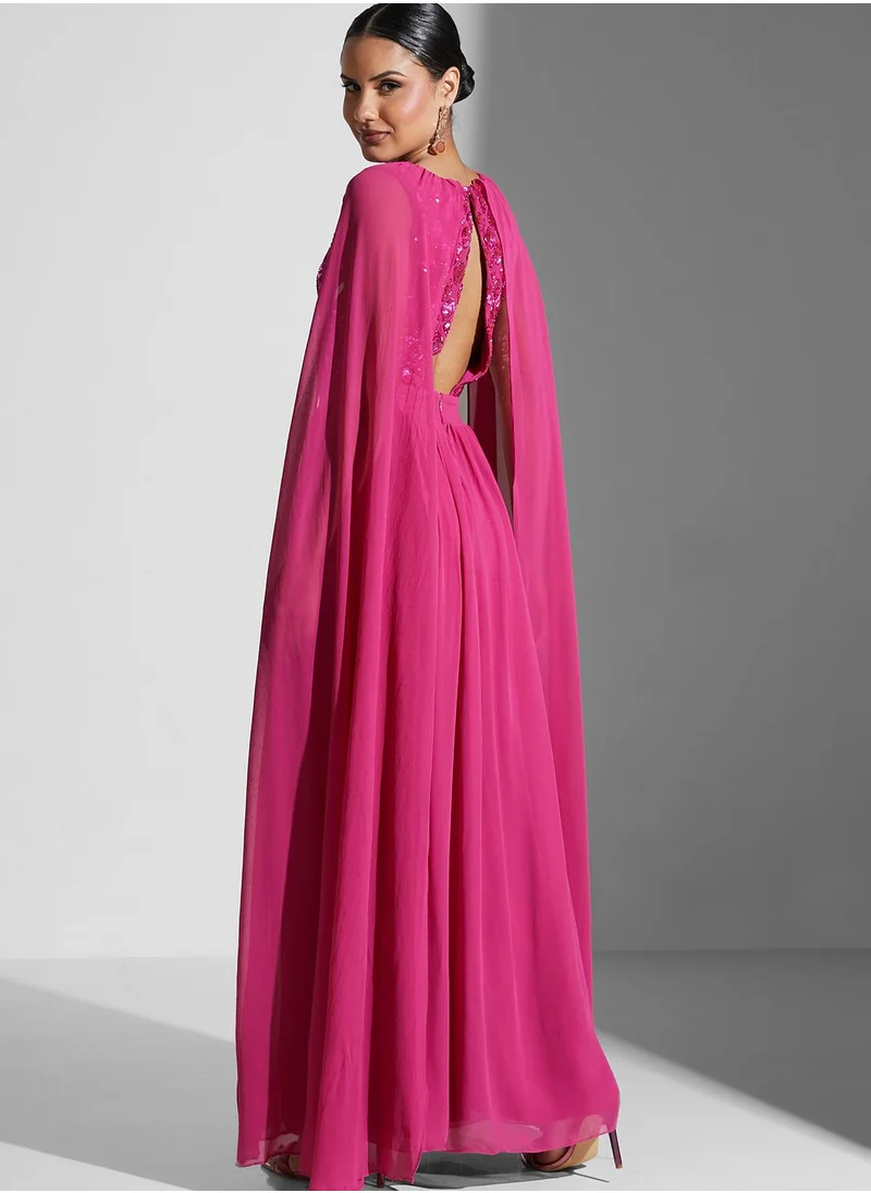 Amelia Rose Cape Sleeve Embroidered Pleated Dress
