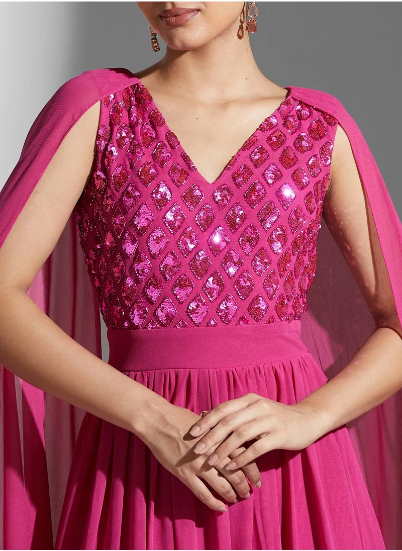 Amelia Rose Cape Sleeve Embroidered Pleated Dress