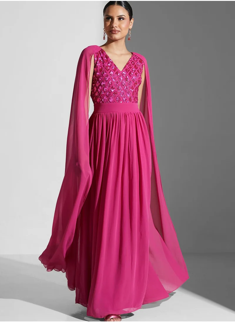 Amelia Rose Cape Sleeve Embroidered Pleated Dress