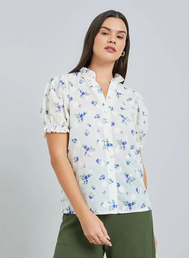 تايك تو قميص نسائي بياقة مكشكشة وطبعة زهور