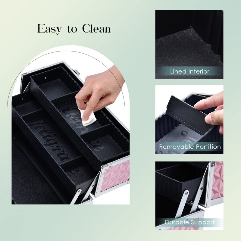 Joligrace Makeup Train Case Professional Cosmetic Organizer Aluminum Storage Box with 4 Adjustable Dividers Trays Lockable Portablewith Shoulder Strap - Neutral Pink - Image 4