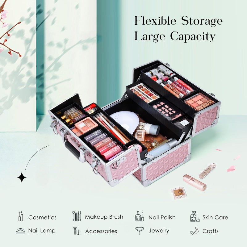 Joligrace Makeup Train Case Professional Cosmetic Organizer Aluminum Storage Box with 4 Adjustable Dividers Trays Lockable Portablewith Shoulder Strap - Neutral Pink - Image 2