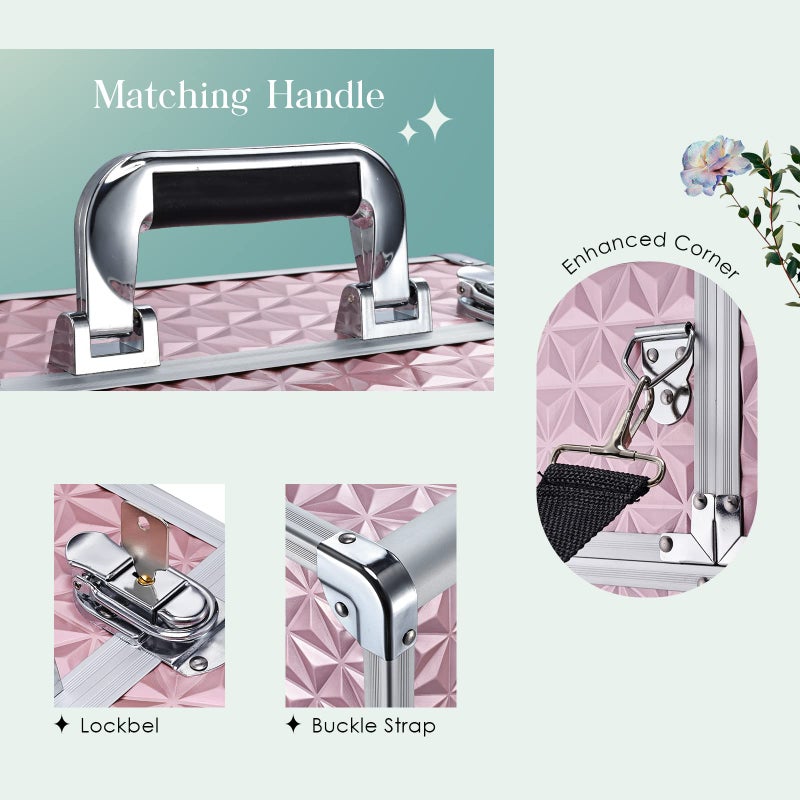 Joligrace Makeup Train Case Professional Cosmetic Organizer Aluminum Storage Box with 4 Adjustable Dividers Trays Lockable Portablewith Shoulder Strap - Neutral Pink - Image 3