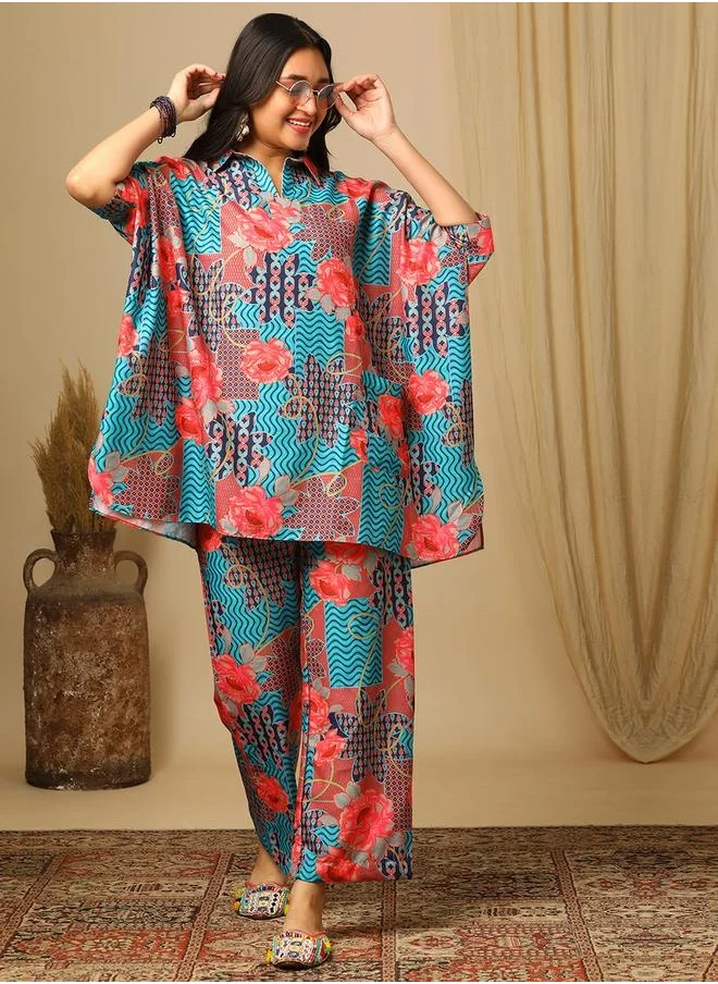 جلو باص Globus Women Blue Floral Printed Shirt Collar Kaftan Top &  Partially Elasticated Trousers Fusion Co-Ord Set by Styli