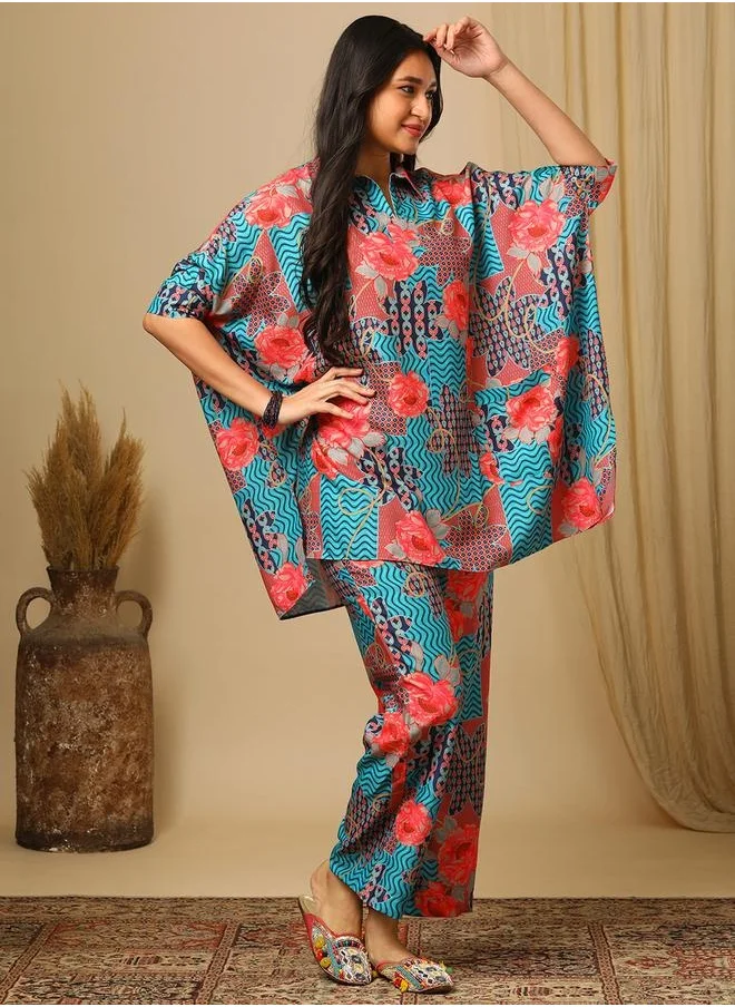 جلو باص Globus Women Blue Floral Printed Shirt Collar Kaftan Top &  Partially Elasticated Trousers Fusion Co-Ord Set by Styli