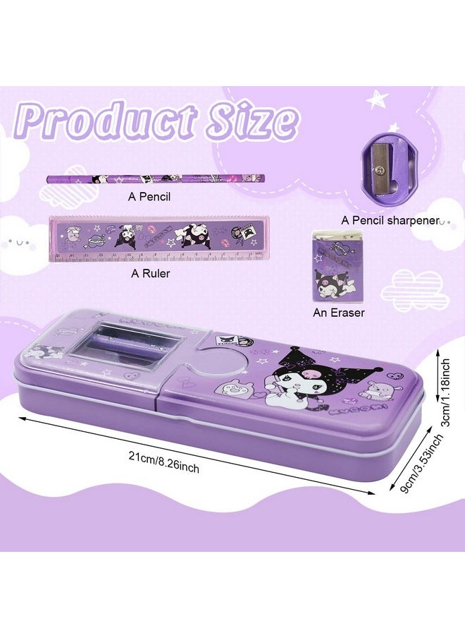 Climberty Climberty® Kuromi Cartoon Pencil Box with Sharpener & Eraser - Double Layer Metal Purple Kuromi Pencil Box, Ideal for School & Birthday Gifts, Cartoon Pencil Childeren's Day Birthday Gift (Purple)  - Image 2