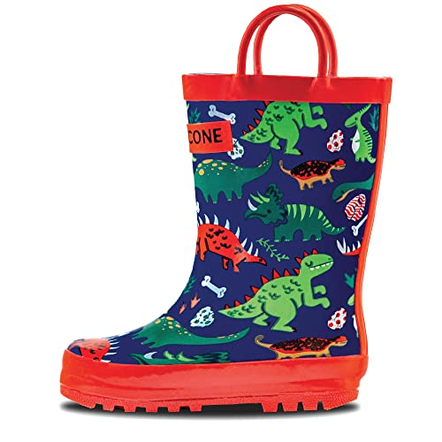 LONECONE Lone Cone Rain Boots with Easy-On Handles in Fun Patterns for Boys and Girls, Play-Proof Flexible Rubber, Durable Non-Slip Treads, Kid-Friendly for Hours of Joy - Puddle-a-Saurus, 13 Little Kid - Image 1