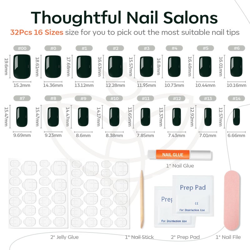 Modelones Dark Green Press on Nails, Short Square Fake Nails, Reusable Nail Kit with Nail Glue Adhesive Tabs Mini Nail File, Nails Press Ons 32Pcs 16Sizes, Women Girl Gift - Image 4