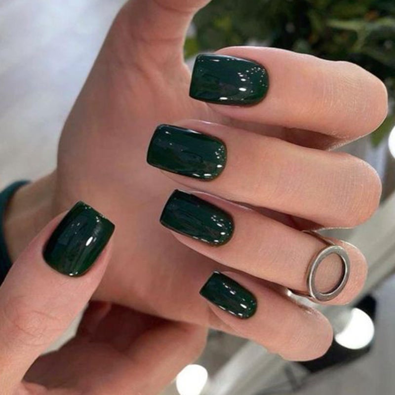 Modelones Dark Green Press on Nails, Short Square Fake Nails, Reusable Nail Kit with Nail Glue Adhesive Tabs Mini Nail File, Nails Press Ons 32Pcs 16Sizes, Women Girl Gift - Image 1