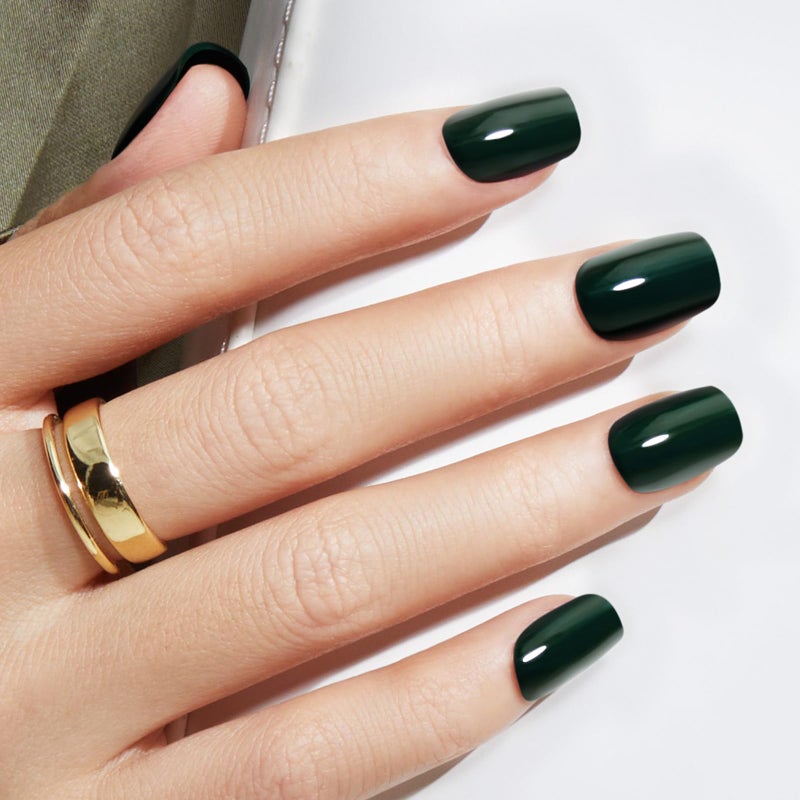 Modelones Dark Green Press on Nails, Short Square Fake Nails, Reusable Nail Kit with Nail Glue Adhesive Tabs Mini Nail File, Nails Press Ons 32Pcs 16Sizes, Women Girl Gift - Image 2