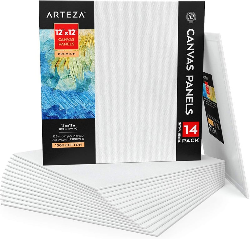ARTEZA Canvas Boards for Painting, Pack of 14, 12 x 12 Inches, Square Blank Canvas Panels, 100% Cotton, 12.3 oz Gesso-Primed, Art Supplies for Acrylic Pouring and Oil Painting - Image 1