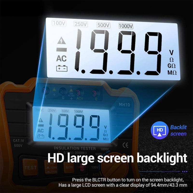 Mh10 Digital Megohmmeter Insulation Resistance Tester LCD Backlight Orange - Image 4