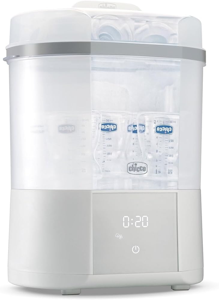 Chicco Electric Sterilizer for Bottles, Breast Pump and Teat with 3 Configurations and 3 Use Cycles, Drying Function, Microwave Safe, Up to 6 Bottles of 330 ml, White - Image 1
