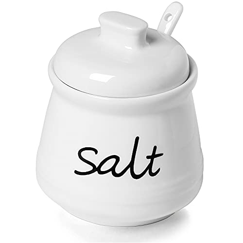 ONTUBE Ceramic Salt Bowl with Lid and Spoon 12oz (White) - Image 1