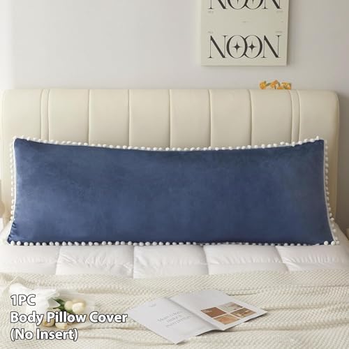 Cottonfry Ultra Soft Velvet Body Pillow Cover/Case Pillowcase with Hidden Zipper, Zippered Body Pillow Case (Navy Blue with Pompom, 20x54) - Image 2