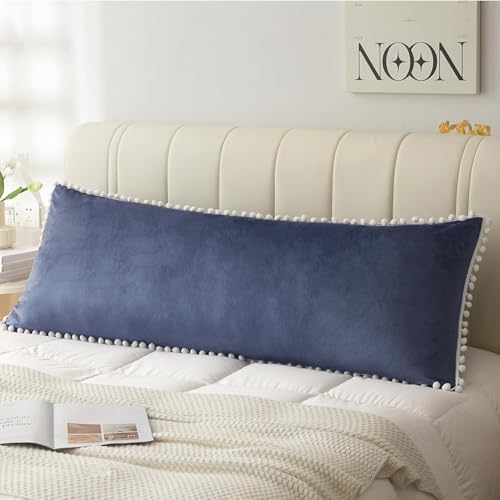Cottonfry Ultra Soft Velvet Body Pillow Cover/Case Pillowcase with Hidden Zipper, Zippered Body Pillow Case (Navy Blue with Pompom, 20x54) - Image 1
